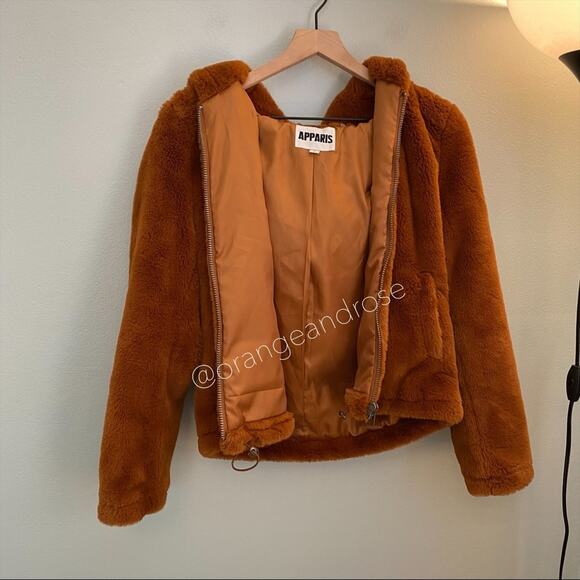APPARIS Camel Faux Fur Cinch Soft Waist Hooded Jacket S - Picture 11 of 11